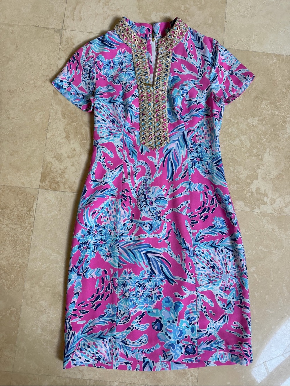Lilly Pulitzer Pink Blue Floral Short-Sleeve Tunic Dress - 0